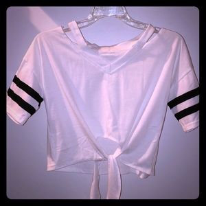 Front tie varsity off the shoulder crop top